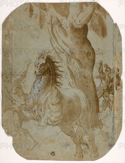 Conversion of St. Paul (recto), Man Seen from Back (verso), late 16th century (recto), n.d. (verso), After Giovanni Antonio da Pordenone, Italian, c. 1483-1539, Italy, Pen and brown ink with brush and brown wash, heightened with lead white (oxidized) (recto), and black chalk and touches of red chalk (verso), on blue laid paper, 360 x 275 mm (max.)