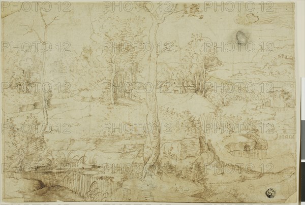 Landscape with Tree in Center, n.d., After Cornelius Massys, Flemish, c. 1511-after 1560, Netherlands, Pen and brown ink on ivory paper, laid down on ivory laid paper, 202 x 297 mm
