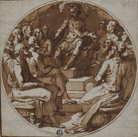Julius Caesar Addressing Senators, 1560/62, Workshop of Taddeo Zuccaro, Italian, 1529-1566, Italy, Pen and brown ink and brush and brown wash, on ivory laid paper, perimeter of image ruled with compasses, 215 x 214 mm (max.)