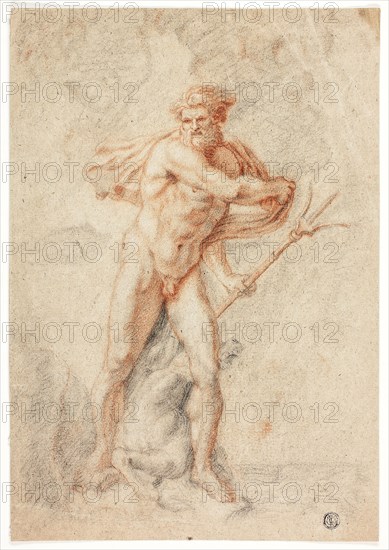 Neptune, n.d., Possibly Theodor van Thulden, Dutch, 1606-1669, Netherlands, Black and red chalk, heightened with white chalk, on tan laid paper, 320 x 221 mm