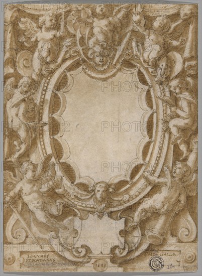 Design for Frontispiece to the Seven Virtues, 1598, Joannes Stradanus, called Giovanni Stradano, Flemish, 1523-1605, Flanders, Pen and brown ink and brush and brown wash, with touches of opaque white watercolor, over traces of black chalk, on cream laid paper, incised for transfer, 178 × 130 mm
