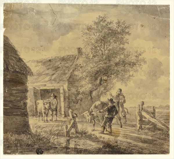 Farm with Men and Cows, n.d., Possibly Ferdinand Kobell, German, 1740-1799, Germany, Brush and gray and blue wash over graphite on tan wove paper, 210 x 231 mm