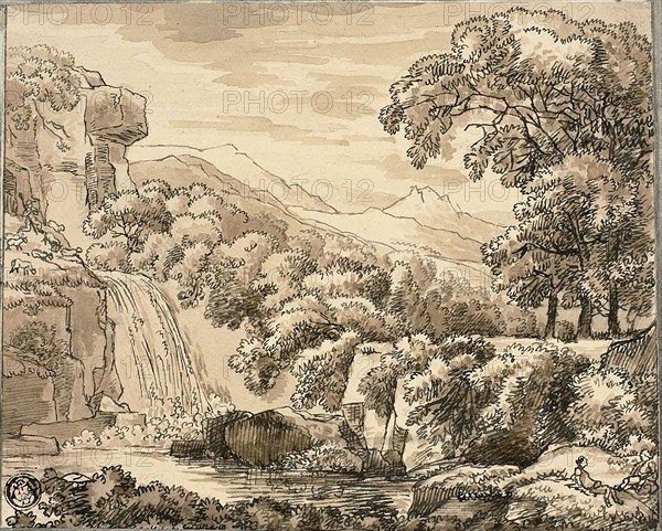 Mountain Landscape with Waterfall and Figures, n.d., Carl August Lebschée, German, 1800-1877, Germany, Pen and black ink and brush and brown wash, over graphite, on cream laid paper, tipped onto ivory laid paper, 149 x 184 mm