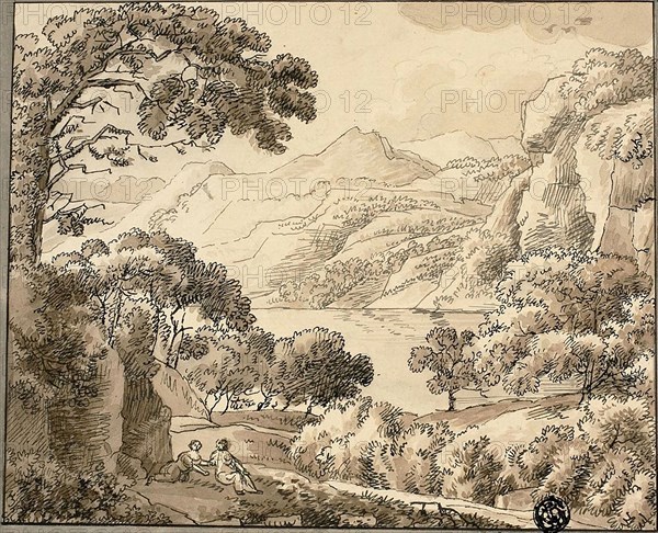 Mountain Lake with Two Figures, n.d., Carl August Lebschée, German, 1800-1877, Germany, Pen and black and gray ink and brush and brown wash, over graphite, on cream laid paper, 193 x 231 mm