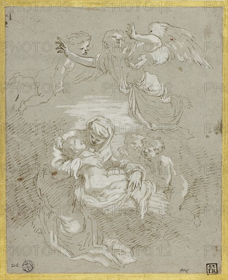 Madonna and Child with Angels, c. 1700, Attributed to Johann Carl Loth (German, 1632-1698) or follower of, or possibly Paul von Strudel und Vochberg (Austrian, 1648-1708), or possibly after Giovanni Benedetto Castiglione (Italian, 1609-1664), Germany, Pen and brown ink, heightened with white gouache, on gray laid paper with blue fibers, laid down on ivory laid card, 219 x 180 mm