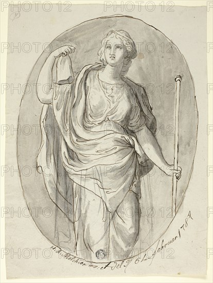Woman with Staff and Phrygian Cap, 1787, Heinrich Anton Melchior, German, 1771-1796, Germany, Pen and brown ink with brush and gray wash, with graphite, on ivory laid paper, 264 x 194 mm