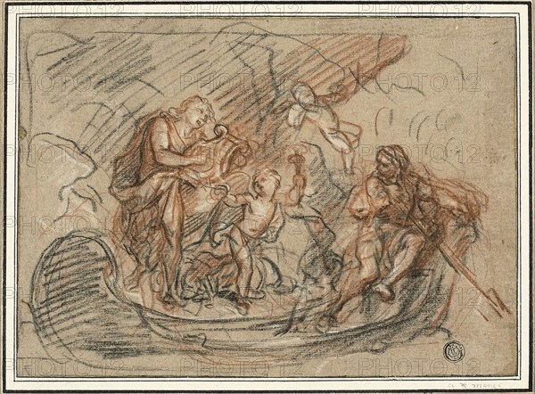 Orpheus on the River Styx, n.d., Antoine Coypel, French, 1661-1722, France, Red and black chalks, heightened with white chalk, on tan laid paper, laid down on cream laid card, 173 × 240 mm
