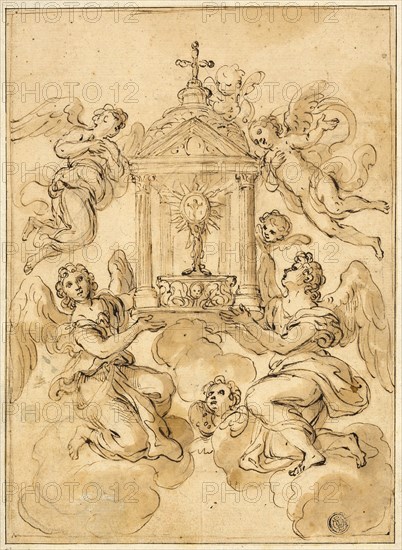 Monstrance Borne by Angels, n.d., Probably by Giacinto Calandrucci, Italian, 1646-1707, Italy, Pen and brown ink with brush and brown wash, over black chalk, on cream laid paper, laid down on gray laid paper, 249 x 180 mm