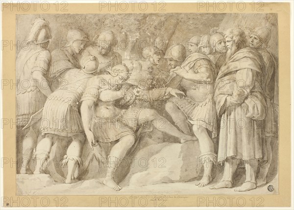 The Death of Scipio, n.d., Adam Friedrich Oeser (German, 1717-1799), or after Polidoro Caldara, called Polidoro da Caravaggio (Italian, c. 1499-c. 1543), Germany, Pen and brown ink, graphite, and brush and brown wash on ivory laid paper, laid down in ivory laid paper, tipped onto tan card, 278 x 402 mm