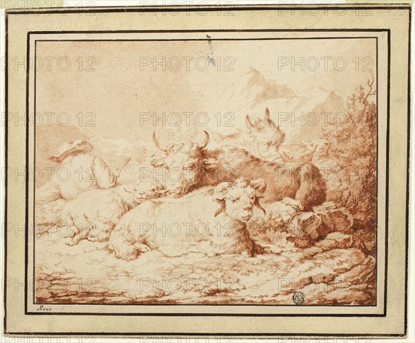 Cattle and Sheep with Herdsman in Rocky Landscape, n.d., Johann Heinrich Roos, German, 1631-1685, Germany, Red chalk, with brush and red-brown wash, on  ivory laid paper, laid down on cream laid card, 206 x 264 mm