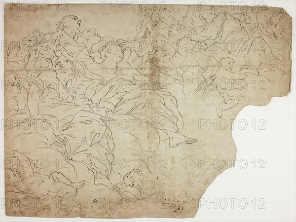 Saints, or Allegorical Figures and Putti on Clouds, n.d., Attributed to Giovanni Battista Beinaschi (Italian, 1636-1688), or Antonio Allegri, called Correggio (Italian, c. 1489-1534), Italy, Pen and brown ink, with charcoal, on buff laid paper, laid down on cream laid paper, 401 x 536 mm