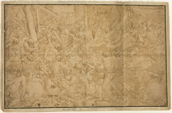 Battle of Lapiths and Centaurs, n.d., Unknown Artist, Italian, late 16th Century, Italy, Pen and brown ink with brush and brown wash, over black chalk, on tan laid paper laid down on cream laid paper, 444 x 699 mm (max.)