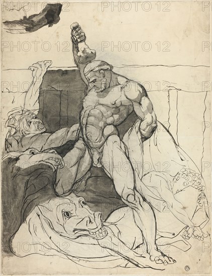 Hercules Killing the Mares of Diomedes, 1800/05, Henry Fuseli, Swiss, active in England, 1741-1825, England, Pen and black ink, with brush and black wash, over graphite, on cream laid paper, laid down on ivory laid paper, 504 × 386 mm