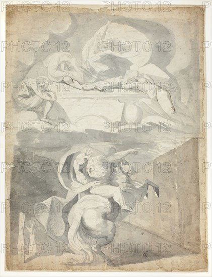 Odin in the Underworld, 1770/72, Henry Fuseli, Swiss, active in England, 1741-1825, England, Brush and gray wash and graphite, with touches of pen and brown ink and red chalk, on cream laid paper, 586 × 444 mm