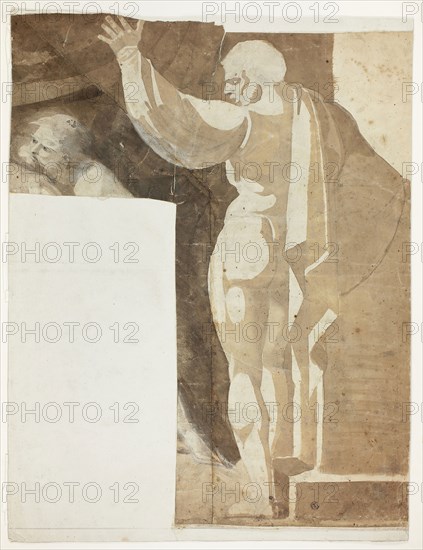 Male Figure with Left Arm Raised Seen from the Back, and Fragment of Old Man, 1770/75, Henry Fuseli, Swiss, active in England, 1741-1825, England, Brush and brown wash, heightened with white gouache, over graphite, on cream laid paper, laid down on ivory laid paper, laid down on ivory laid paper, 573 × 462 mm