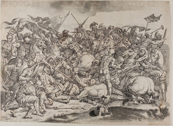Battle of the Milvian Bridge, 1612, Johann Heintz (active Rome 1611-1612 and Milan 1652), or after Raffaello Sanzio called Raphael and his workshop (Italian, 1483-1520), Germany, Pen and black ink, and brush and gray wash over red chalk and traces of graphite, on cream laid paper, laid down on tan wove paper (pieced), 419 x 571 mm