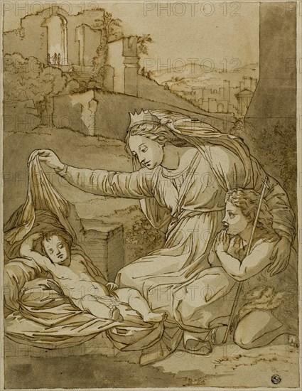 Virgin and Sleeping Christ Child with the Infant John the Baptist, 18th century, After Raffaello Sanzio, called Raphael, Italian, 1483-1520, Italy, Pen and brown ink, and brush and gray and brown wash, over traces of graphite, on tan laid paper, 530 x 360 mm (max.)