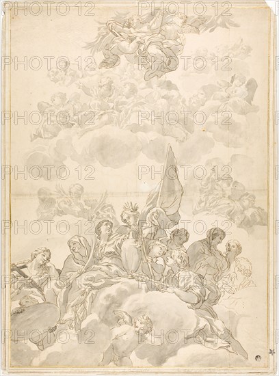 Glorification of Saint, n.d., Probably after Ciro Ferri, Italian, 1634-1689, Italy, Pen and brown ink, graphite, and brush and gray wash on cream laid paper, laid down on cream wove card, 575 x 415 mm