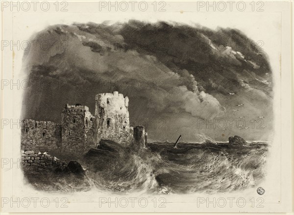 Ruined Castle by the Sea, n.d., John Rawson Walker, English, 1796-1873, England, Charcoal with erasing with touches of pen and black ink on ivory wove paper, laid down on ivory board, 234 × 328 mm