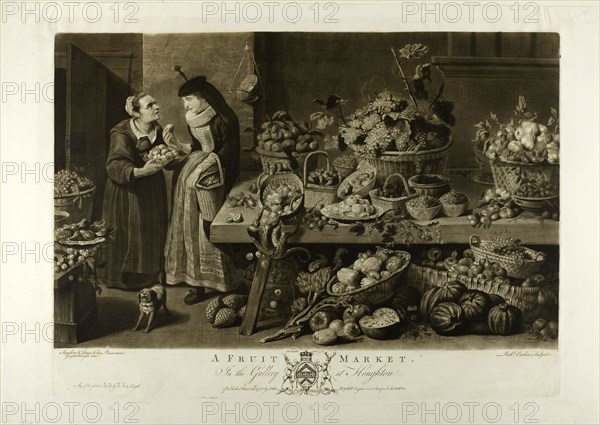 A Fruit Market, from The Houghton Gallery, 1775, Richard Earlom (British, 1743–1822), after Frans Snyders (Flemish, 1579-1657), intermediary drawing by Joseph Farington (British, 1747-1821), published by John Boydell (British, 1719-1804), England, Mezzotint with engraving in black ink on ivory wove paper, 359 × 572 mm (image), 415 × 576 mm (plate), 500 × 672 mm (sheet)