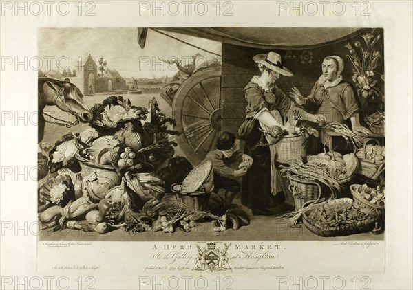 A Herb Market, from The Houghton Gallery, 1779, Richard Earlom (English, 1743–1822), after Frans Snyders (Flemish, 1579–1657), intermediary drawing by Joseph Farington (English, 1747–1821), published by John Boydell (English, 1719–1804), England, Mezzotint, with etching and engraving, in brown-black on ivory wove paper, 410 × 580 mm (plate), 500 × 667 mm (sheet)