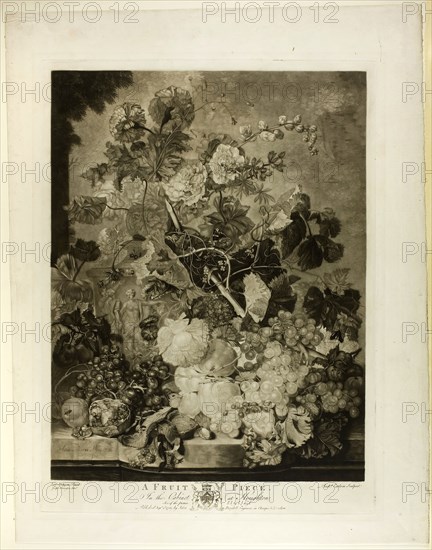 A Fruit Piece, from The Houghton Gallery, 1781, Richard Earlom (British, 1743-1822), After Jan van Huysum (Dutch, 1682-1749), England, Mezzotint with etching, with engraved inscription, in black on ivory wove paper, 504 × 387 mm (image), 558 ×  413 mm (plate), 652 × 510 mm (sheet)