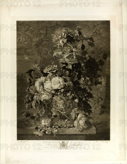 A Flower Piece, from The Houghton Gallery, 1778, Richard Earlom (British, 1743-1822), after Jan van Huysum (Dutch, 1682-1749), England, Mezzotint with etching, with engraved inscription, in black on ivory wove paper, 503 × 394 mm (image), 552 × 426 mm (plate), 667 × 509 mm (sheet)