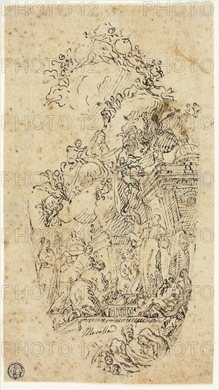 Saint Ildefonso Receiving a Chasuble from the Virgin, n.d., Attributed to Marco Tullio Merolle, Italian, born 1730, Italy, Pen and brown ink on tan laid paper, 218 x 122 mm