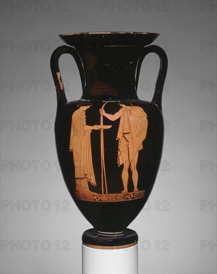 Amphora (Storage Jar), about 455/445 BC, Greek, Athens, Attributed to the Sabouroff Painter, Nola, terracotta, decorated in the red-figure technique, 33.3 × 17 × 16.8 cm (13 1/8 × 6 3/4 × 6 5/8 in.)