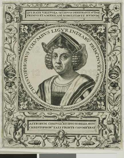 Christopher Columbus, frontispiece from volume 5 of Theodor de Bry’s America, 1595, Attributed to Johann Theodor de Bry (German, 1561-1623), after Sebastiano del Piombo (Italian, c. 1485-1547), Germany, Engraving in black on ivory laid paper, 158 x 132 mm