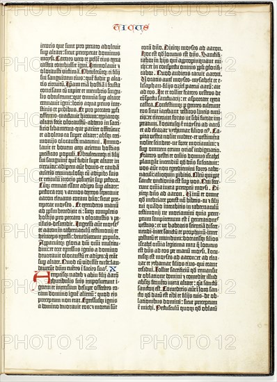 Gutenberg Bible Leaf, 1454/55, Johannes Gutenberg, German, c. 1398-1468, Mainz, Letterpress in black with initials in red and blue on ivory laid paper, 287 x 193 mm (text), 392 x 285 mm (sheet)