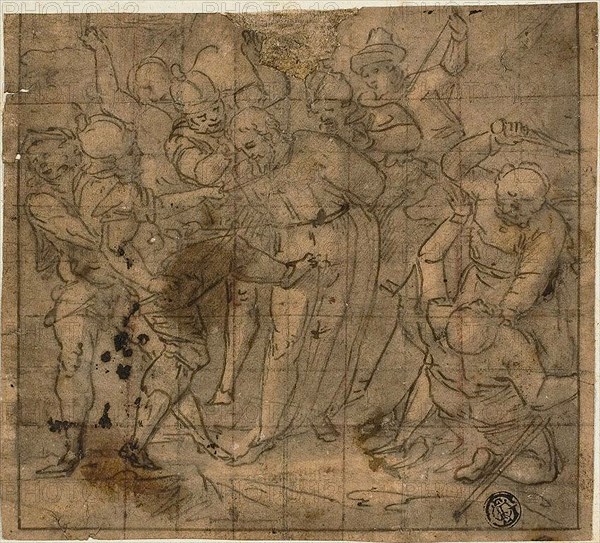 Mocking of Christ, 1562, Follower of or after Luca Cambiaso, Italian, 1527-1585, Italy, Pen and brown ink with brush and brown wash, on tan laid paper, squared in red and black chalk, laid down on ivory laid paper, 148 x 165 mm (max.)