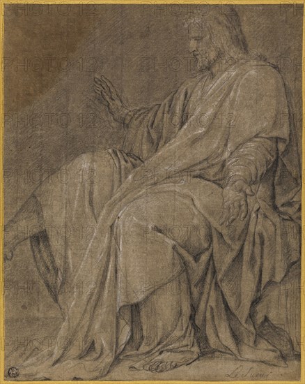 Study for Saint Louis Healing the Sick, c. 1654, Eustache Le Sueur, French, 1617-1655, France, Black chalk, heightened with white chalk, on brown laid paper, laid down on cream laid card, 340 × 270 mm
