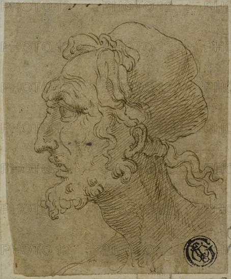Male Head in Profile, n.d., Attributed to Baldassare Peruzzi, Italian, 1481-1536, Italy, Pen and brown ink over traces of graphite, on tan laid paper, laid down on ivory laid paper, 85 x 69 mm (max.)