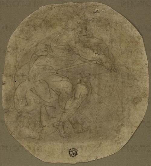 Seated Male Figure with Large Tablet (recto), Figure Study (verso), n.d., Follower of Luca Cambiaso, Italian, 1527-1585, Italy, Pen and brown ink with brush and brown wash, over traces of graphite (recto), and graphite (verso), on oval shaped brown laid paper, 171 x 156 mm