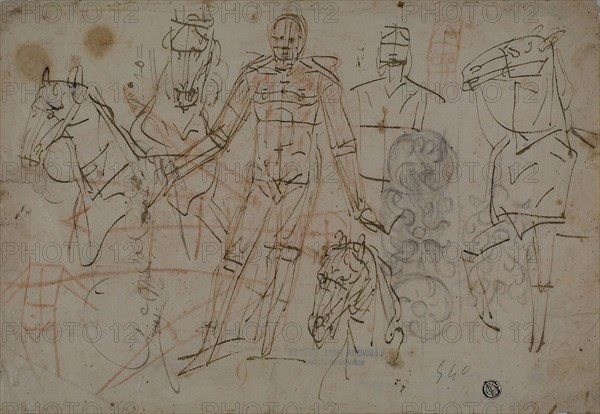 Sketches of Men, Horses, and Decorative Design, 1596/98, Attributed to Pietro Sorri, Italian, 1556-1622, Italy, Pen and brown ink with red and black chalk, on cream laid paper, 215 x 312 mm (max.)