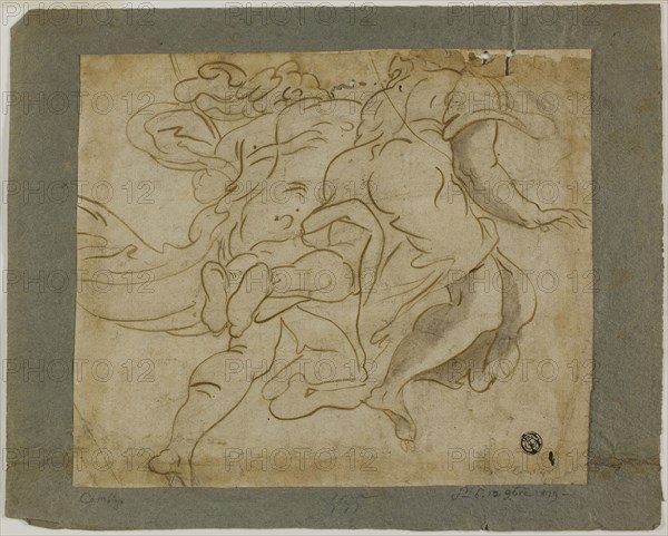 Two Figures Ascending, 1560/70, Follower of Luca Cambiaso, Italian, 1527-1585, Italy, Pen and brown ink over traces of graphite, heightened with lead white (partially oxidized), on tan laid paper, laid down on blue laid paper, 197 x 234 mm (max.)