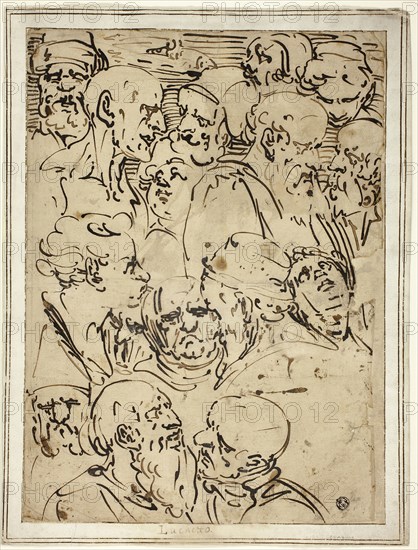 Sketches of Heads, c. 1565, After Luca Cambiaso, Italian, 1527-1585, Italy, Pen and brown ink, on tan laid paper, laid down on ivory laid paper, 356 x 258 mm (max.)
