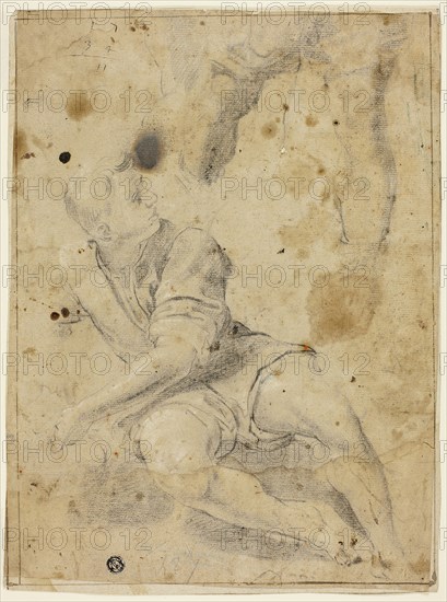Seated Youth and Sketch of Legs, n.d., Attributed to the Circle of Domenichino (Italian, 1581-1641), or Lodovico Carracci (Italian, 1555-1619), or Carlo Bononi (Italian, 1569-1632), Italy, Black chalk, heightened with touches of white chalk, on tan laid paper, partially laid down on buff laid paper, 328 x 245 mm