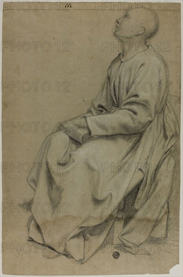 Seated Monk Holding Book, n.d., Probably Domenico Fiasella (Italian, 1589-1669), or possibly Lodovico Carracci (Italian, 1555-1619), Italy, Black and white chalk on tan laid paper, 380 x 250 mm