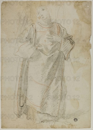 Standing Angel (recto), Study of Face and Drapery (verso), n.d., Probably Domenico Fiasella (Italian, 1589-1669), or possibly Bernardo Strozzi (Italian, 1581-1644), or possibly Lodovico Carracci (Italian, 1555-1619), Italy, Black and red chalk (recto), and red chalk (verso), on ivory laid paper, 355 x 255 mm