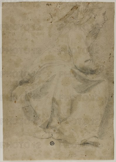 Seated Woman in Profile to Right, n.d., Possibly Domenico Fiasella, Italian, 1589-1669, Italy, Black chalk on tan laid paper, laid down on gray laid paper, 357 x 256 mm