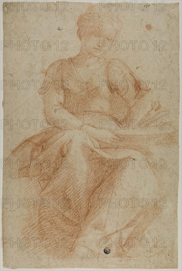 Seated Woman with Book, n.d., Probably Domenico Fiasella (Italian, 1589-1669), or possibly the circle of Matteo Rosselli (Italian, 1578-1650), or possibly Lodovico Carracci (Italian, 1555-1619), Italy, Red chalk on tan laid paper, laid down on gray laid paper, 392 x 260 mm