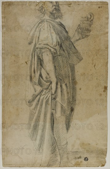 Standing Magus (recto), Sketch of Stable and Trees (verso), n.d., Peditrobably Domenico Fiasella (Italian, 1580-1669), or possibly Lodovico Carracci (Italian, 1555-1619), or possibly the circle of Matteo Rosselli (Italian, 1578-1650), Italy, Black chalk (recto), and red and black chalk (verso), on cream laid paper, 409 x 264 mm