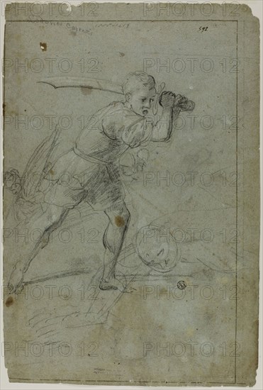 David Beheading Goliath (recto), Sketch of Draped Female Figure with Right Arm Raised Above Head (verso), n.d. (recto), c. 1621 (verso), Probably Domenico Fiasella (Italian, 1589-1669), or possibly Lodovico Carracci (Italian, 1555-1619), Italy, Black chalk, heightened with white chalk (recto and verso), on blue laid paper, 401 x 248 mm