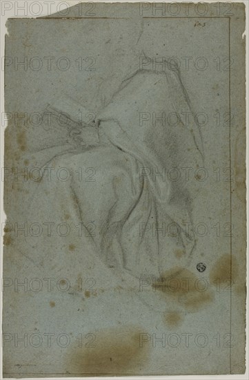 Seated Draped Male Figure with Book (recto), Two Seated Women with Sketch of Left Hand (verso), n.d., Probably Domenico Fiasella (Italian, 1589-1669), or possibly the style of Gregorio Pagani (Italian, 1558-1605), Italy, Black chalk, heightened with traces of white chalk (recto), and black chalk heightened with touches of white chalk with pen and brown ink (verso), on blue laid paper, 390 x 256 mm