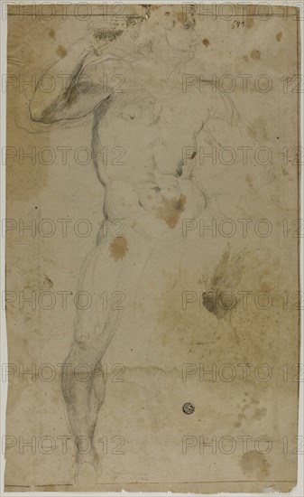 Standing Male Nude (recto), Two Half Length Male Figures, One with Raised Arm, the Other Praying (verso), n.d., Probably Domenico Fiasella (Italian, 1589-1669), or possibly Lodovico Carracci (Italian, 1555-1619), Italy, Black chalk, with traces of white chalk (recto and verso), on tan laid paper, 406 x 245 mm