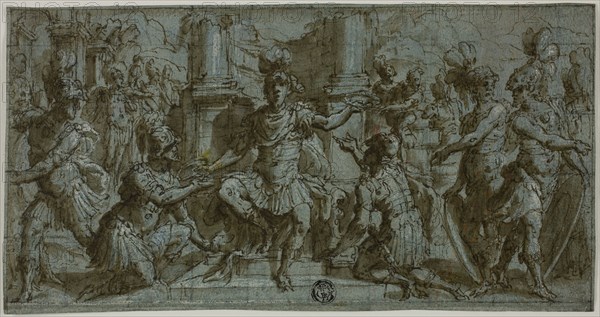 Mars (or Alexander?) Distributing the Victor’s Wreaths, 1560/65, Andrea Semino, Italian, c. 1525-1594, Italy, Pen and brown ink with brush and brown wash, heightened with lead white (partially oxidized), over traces of black chalk, on blue laid paper, squared in black chalk, tipped onto ivory laid paper, 127 x 243 mm