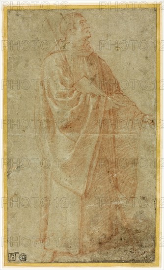 Standing Monk Holding a Book and Staff, c. 1590, Bartolomeo Cesi, Italian, 1556-1629, Italy, Red chalk heightened with white chalk, on blue laid paper, laid down on buff laid card, 319 x 188 mm (max.)