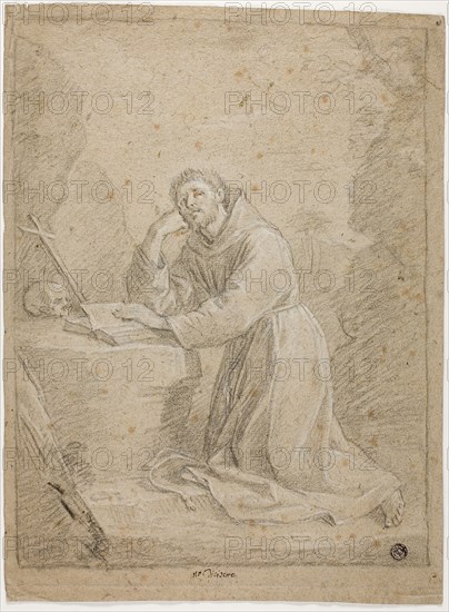 Saint Francis of Assisi, n.d., Unknown Artist, Italian, 17th century, Italy, Black chalk, heightened with white chalk, on brown laid paper, 340 x 255 mm